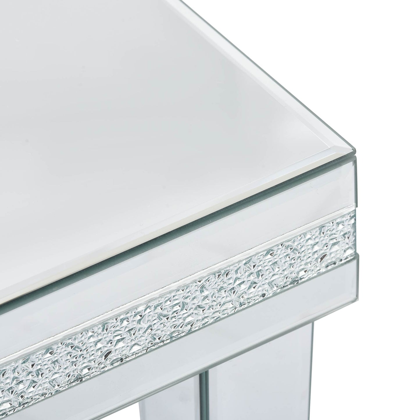 The ON-TRANS stylish modern glass mirrored coffee table features a crystal design and adjustable height legs in silver