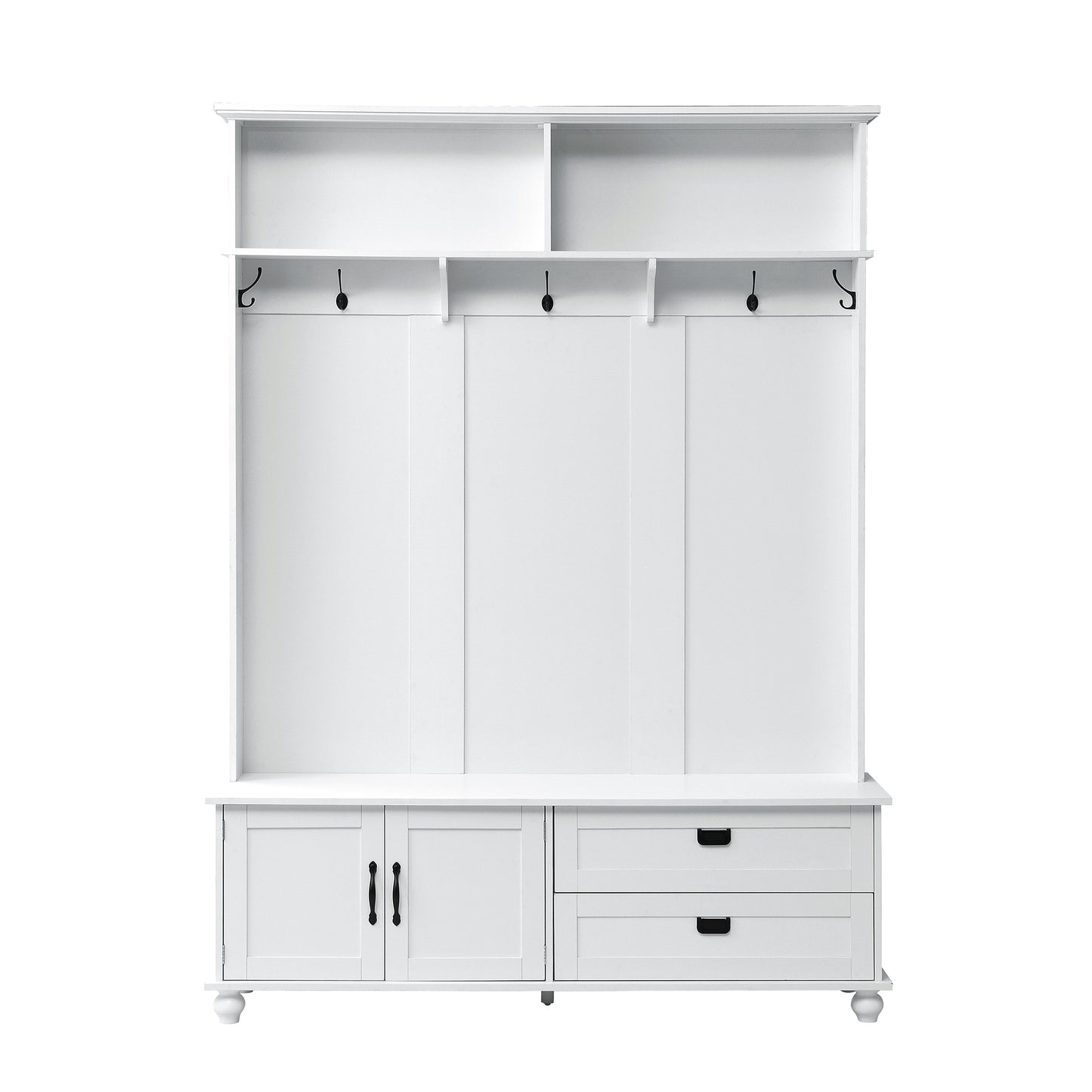 ON-TREND Modern Style Hall Tree with Storage Cabinet and 2 Large Drawers, Widen Mudroom Bench with 5 Coat Hooks, White