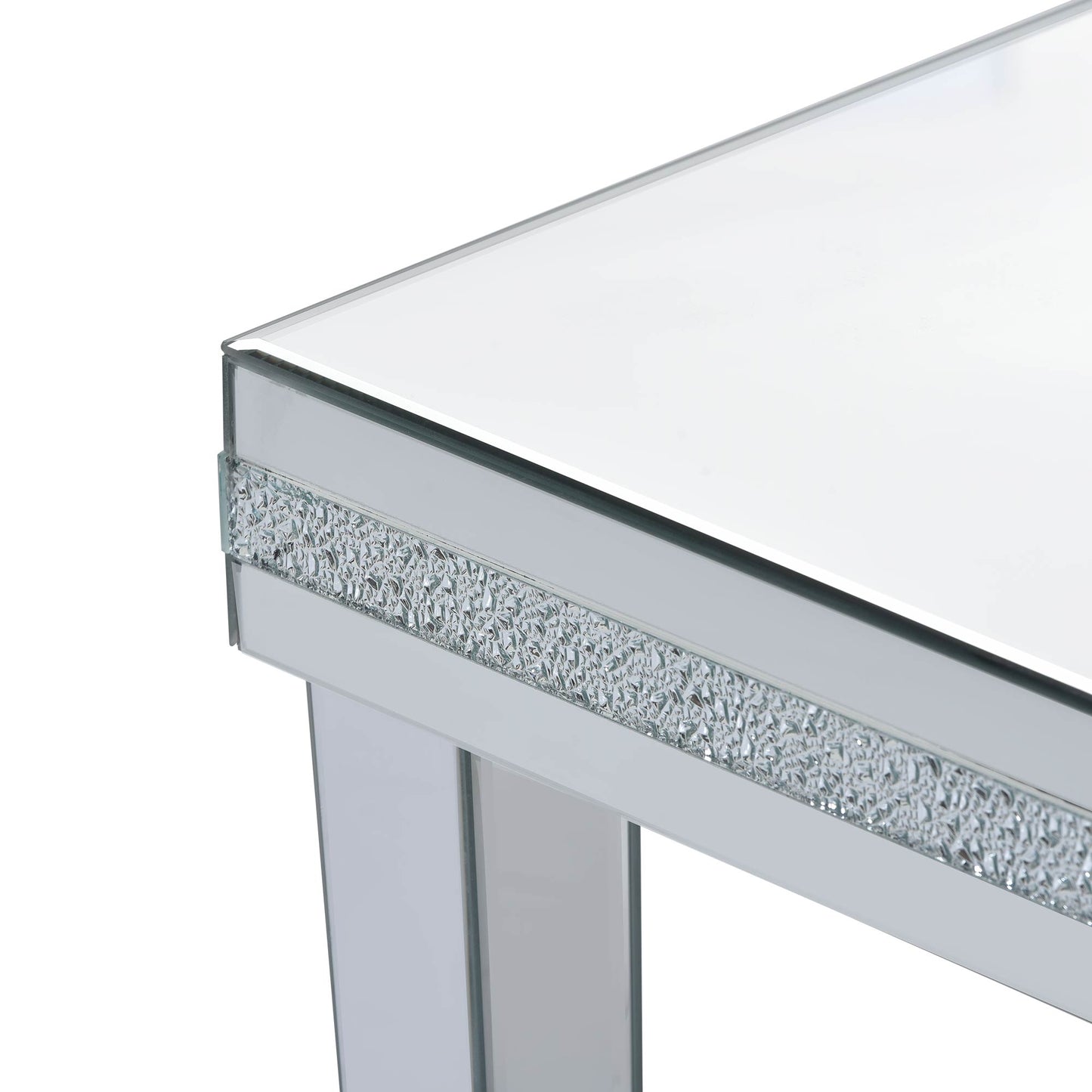 The ON-TRANS stylish modern glass mirrored coffee table features a crystal design and adjustable height legs in silver