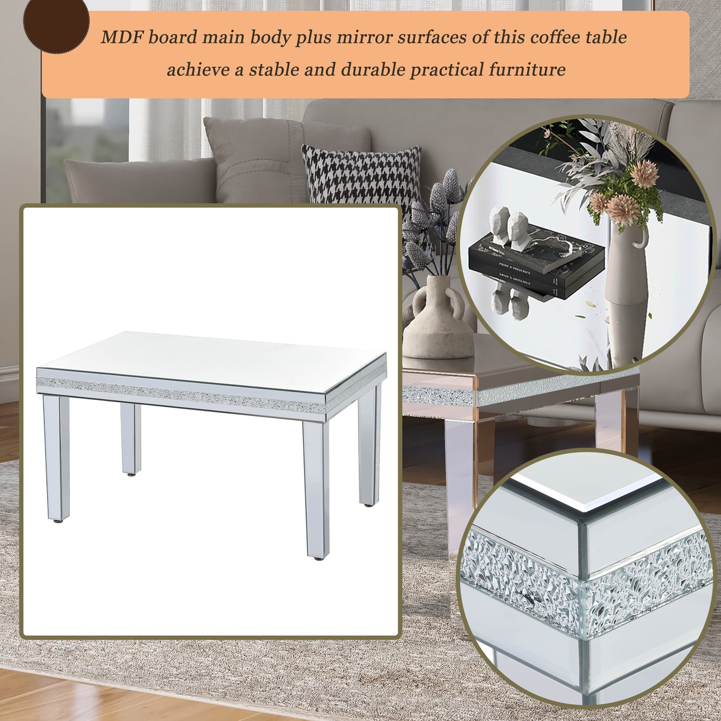 The ON-TRANS stylish modern glass mirrored coffee table features a crystal design and adjustable height legs in silver