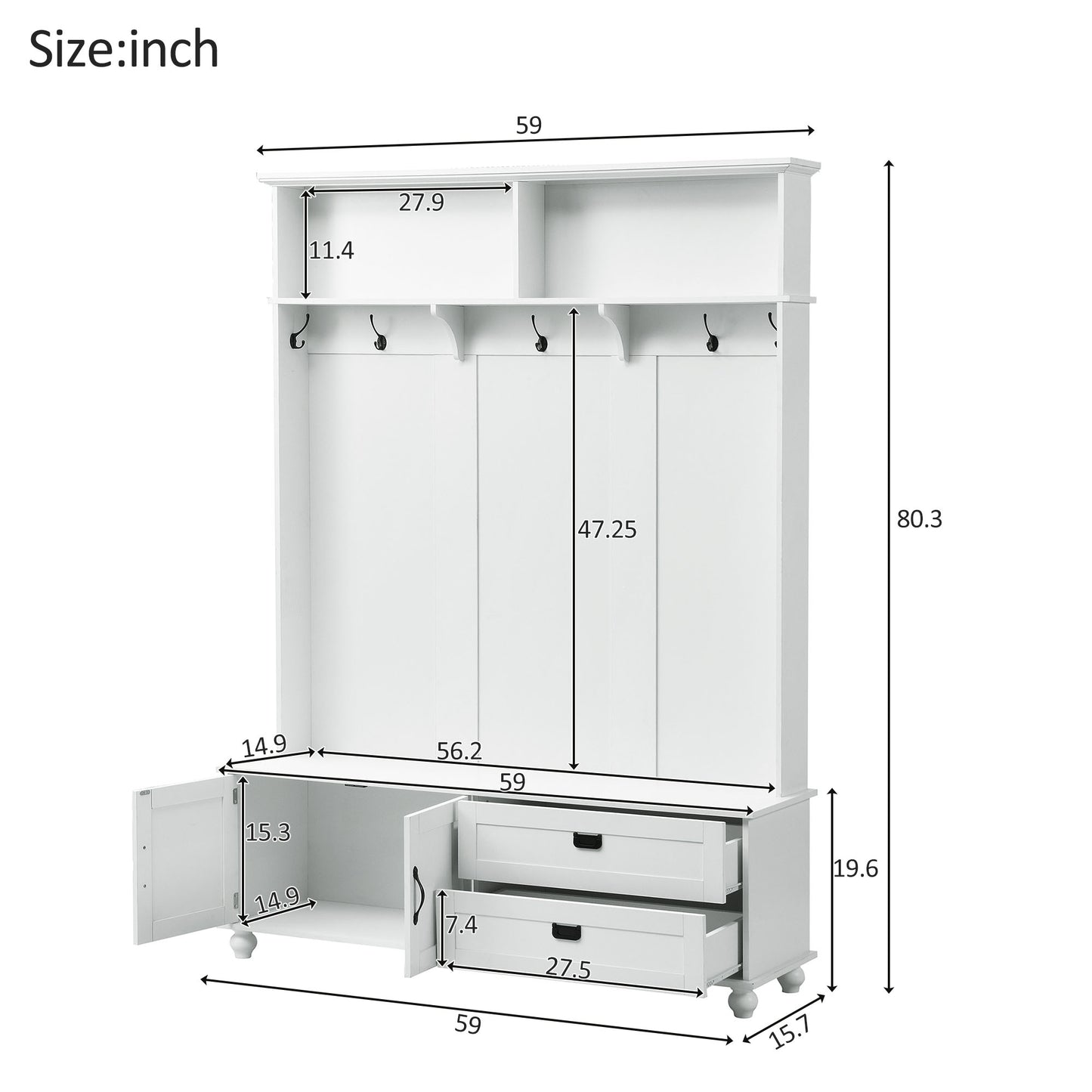 ON-TREND Modern Style Hall Tree with Storage Cabinet and 2 Large Drawers, Widen Mudroom Bench with 5 Coat Hooks, White