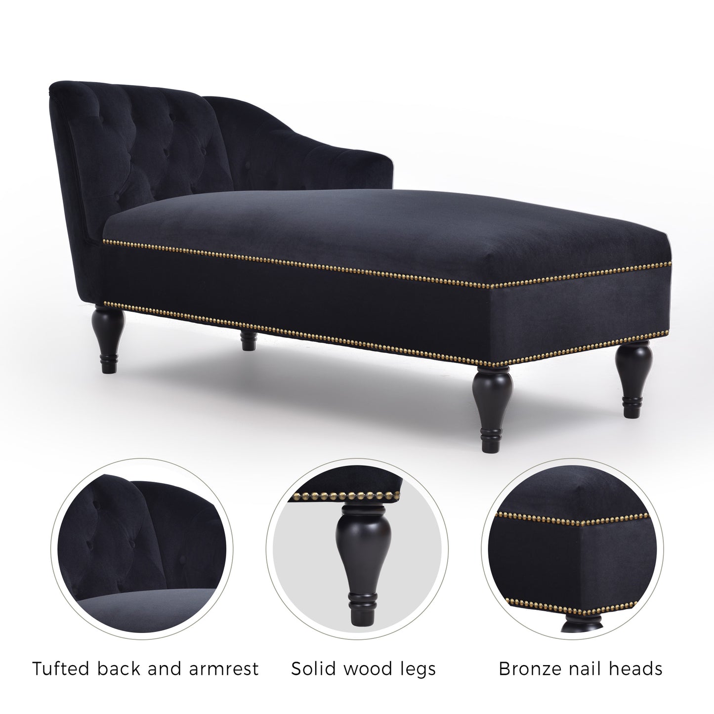 58 inch velvet lounge chair, button cluster right arm lounge chair with nail head decoration and solid wood legs