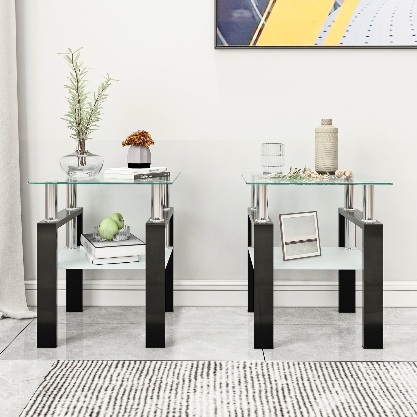 Set of 2, Modern Tempered Glass Tea Table Coffee Table End Table, Square Table for Living Room, Transparent/Black