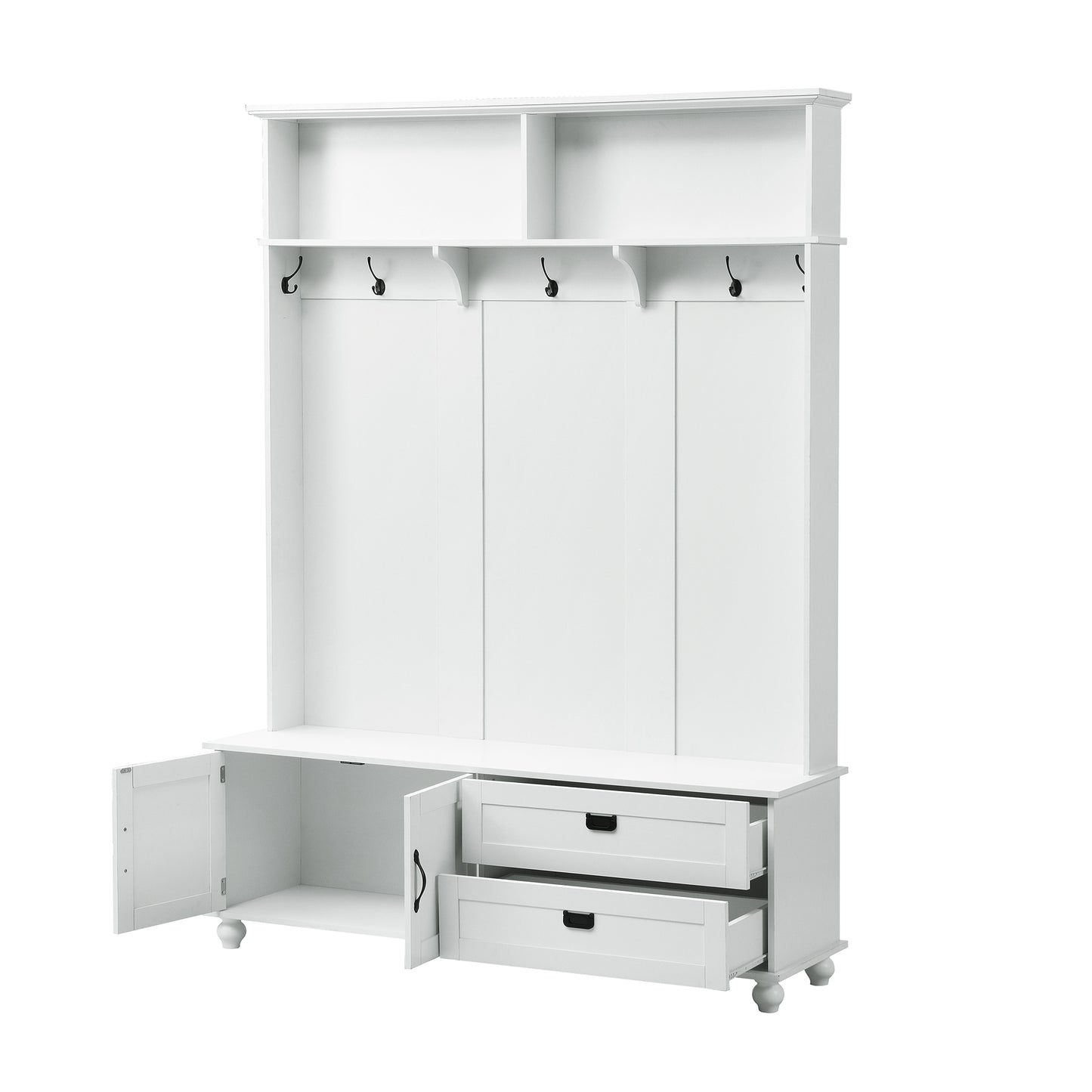 ON-TREND Modern Style Hall Tree with Storage Cabinet and 2 Large Drawers, Widen Mudroom Bench with 5 Coat Hooks, White