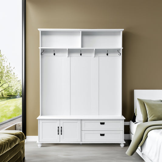 ON-TREND Modern Style Hall Tree with Storage Cabinet and 2 Large Drawers, Widen Mudroom Bench with 5 Coat Hooks, White