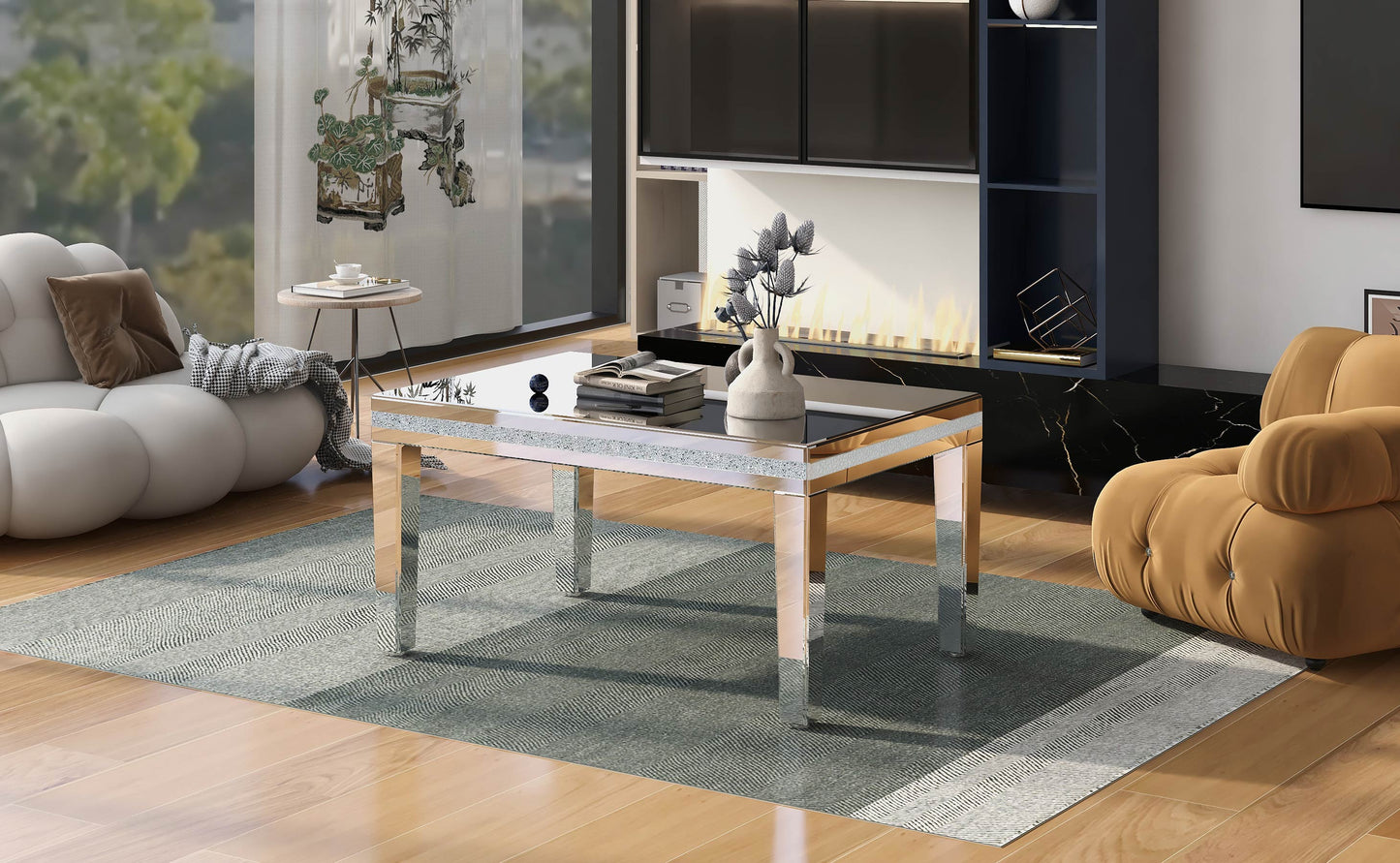 The ON-TRANS stylish modern glass mirrored coffee table features a crystal design and adjustable height legs in silver