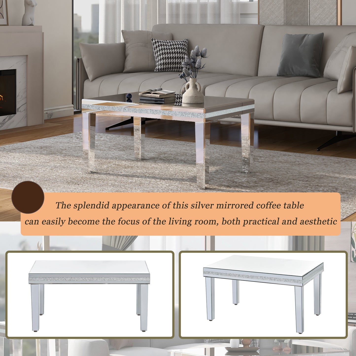 The ON-TRANS stylish modern glass mirrored coffee table features a crystal design and adjustable height legs in silver