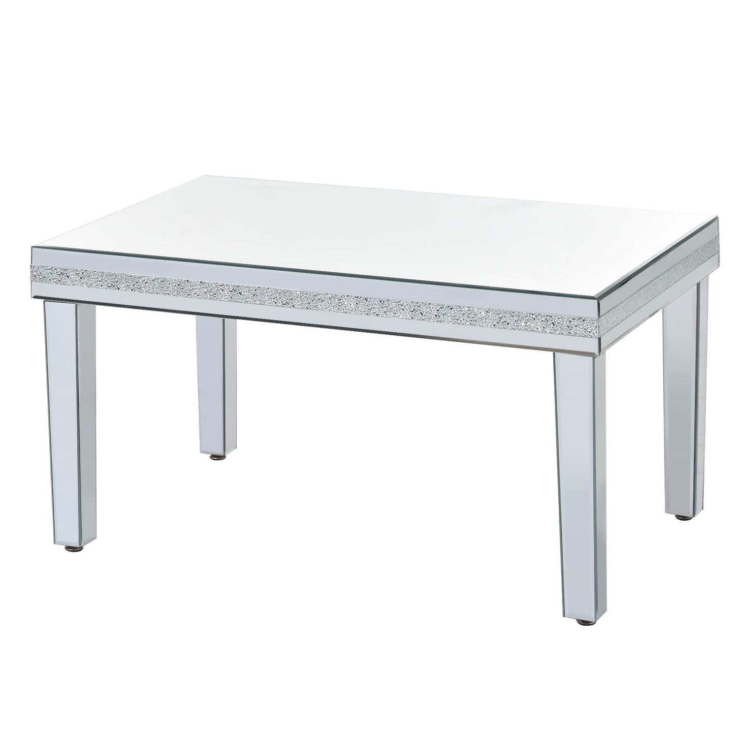 The ON-TRANS stylish modern glass mirrored coffee table features a crystal design and adjustable height legs in silver